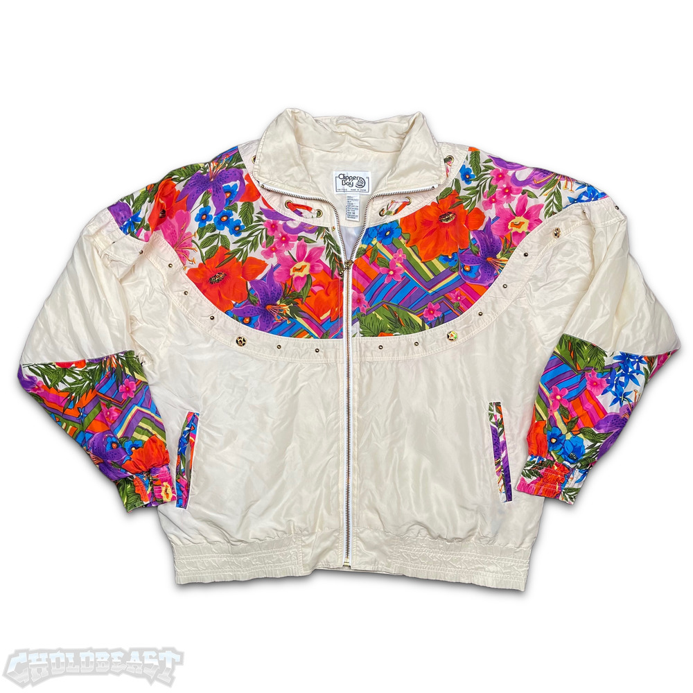 VTG 90s Clipper Bay Floral Silk Cream Multicolor Windbreaker Full Zip Jacket M